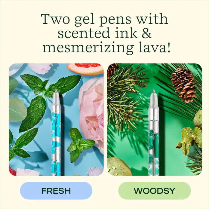 Two gel pens with scented ink labeled 'Fresh' and 'Woodsy' on a decorative background.