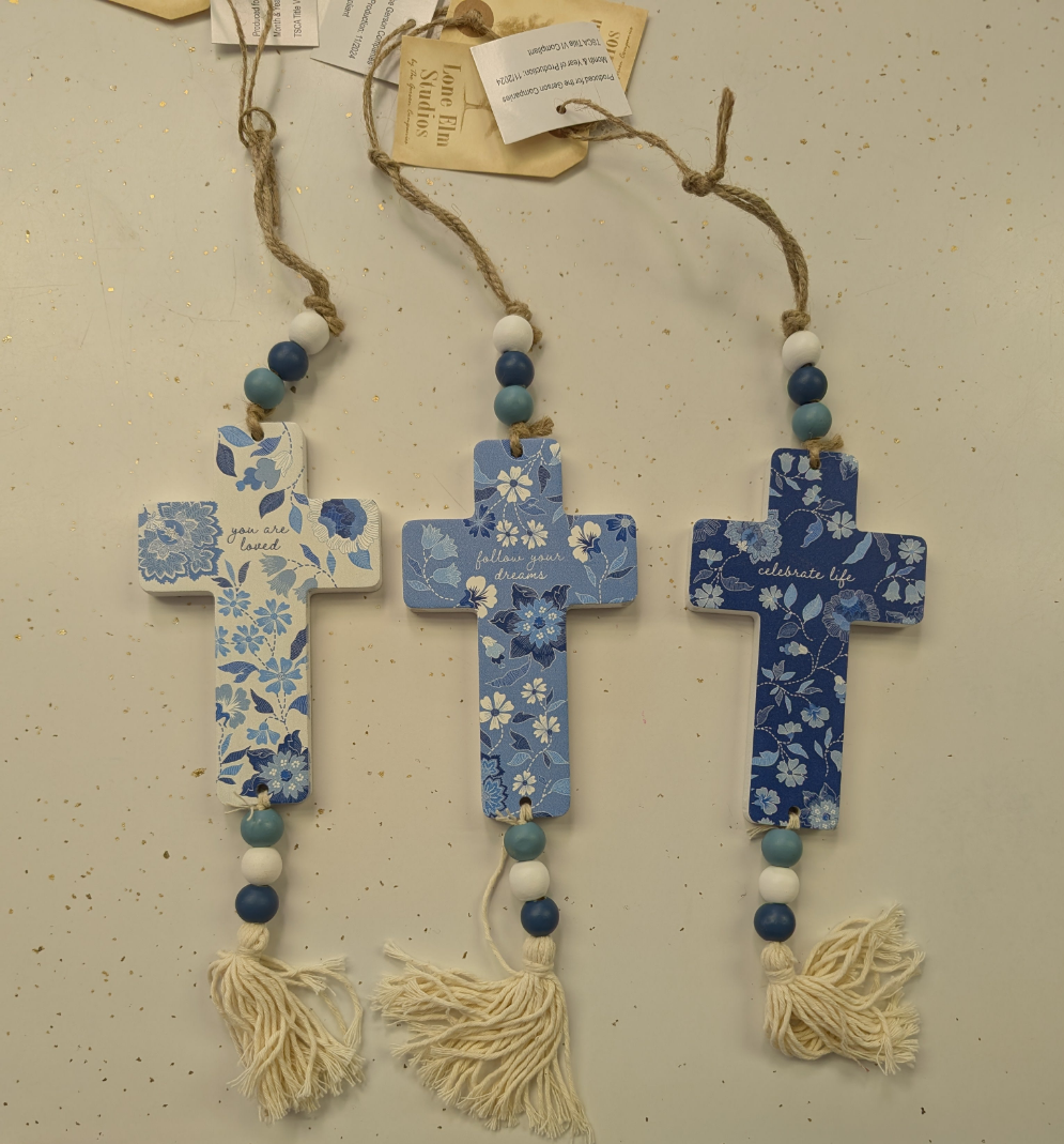 Wood Flower Hanging Cross with beads and tassel