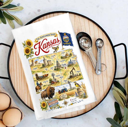 Kansas State Map Landmark Flour Sack Tea Towel