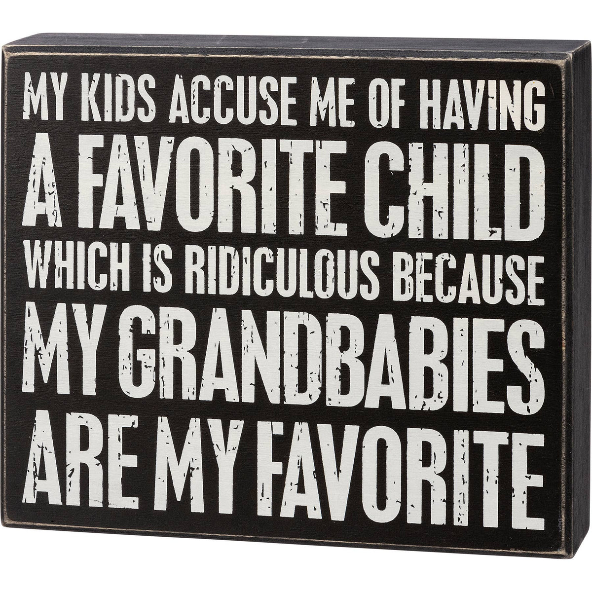 Black box sign with white text about grandparents and grandchildren