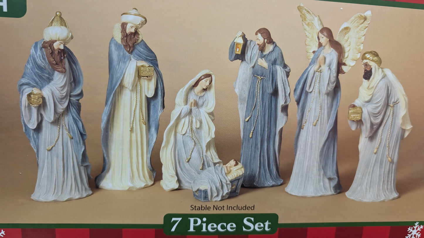 Ivory & Blue Nativity Set – 7 Piece Resin Collection