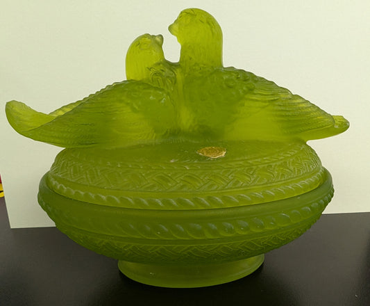 Westmoreland Green Satin Glass Lovebirds on Nest Candy Dish