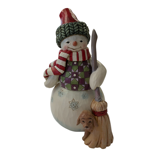 Snowman with Dog Peeking from Broom - "Swept In Love"