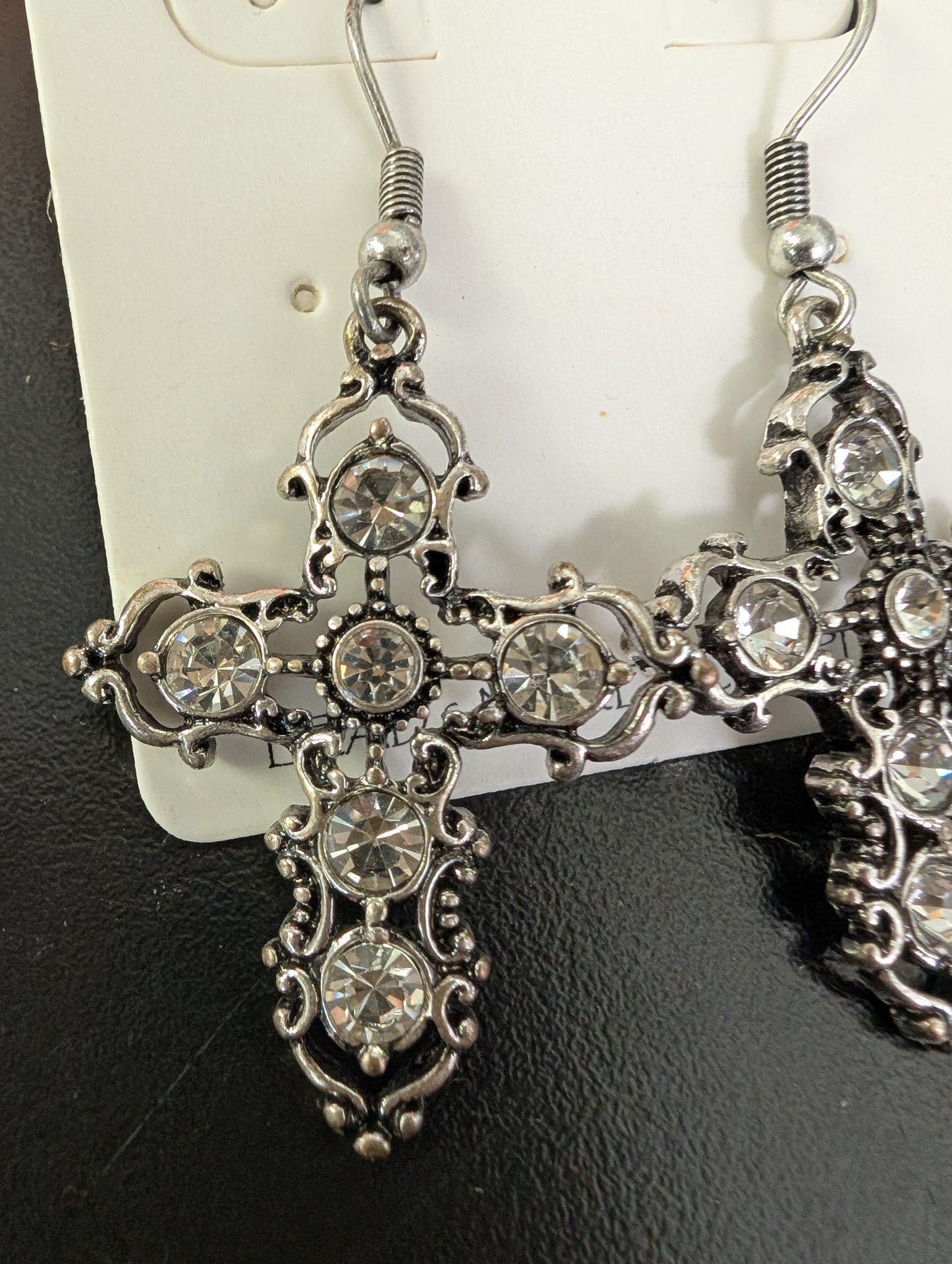 Rhinestone Silver Filigree Silver Cross Earrings