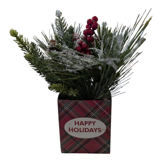 8" Faux Holiday Pine & Pinecone Arrangement in Holiday Box