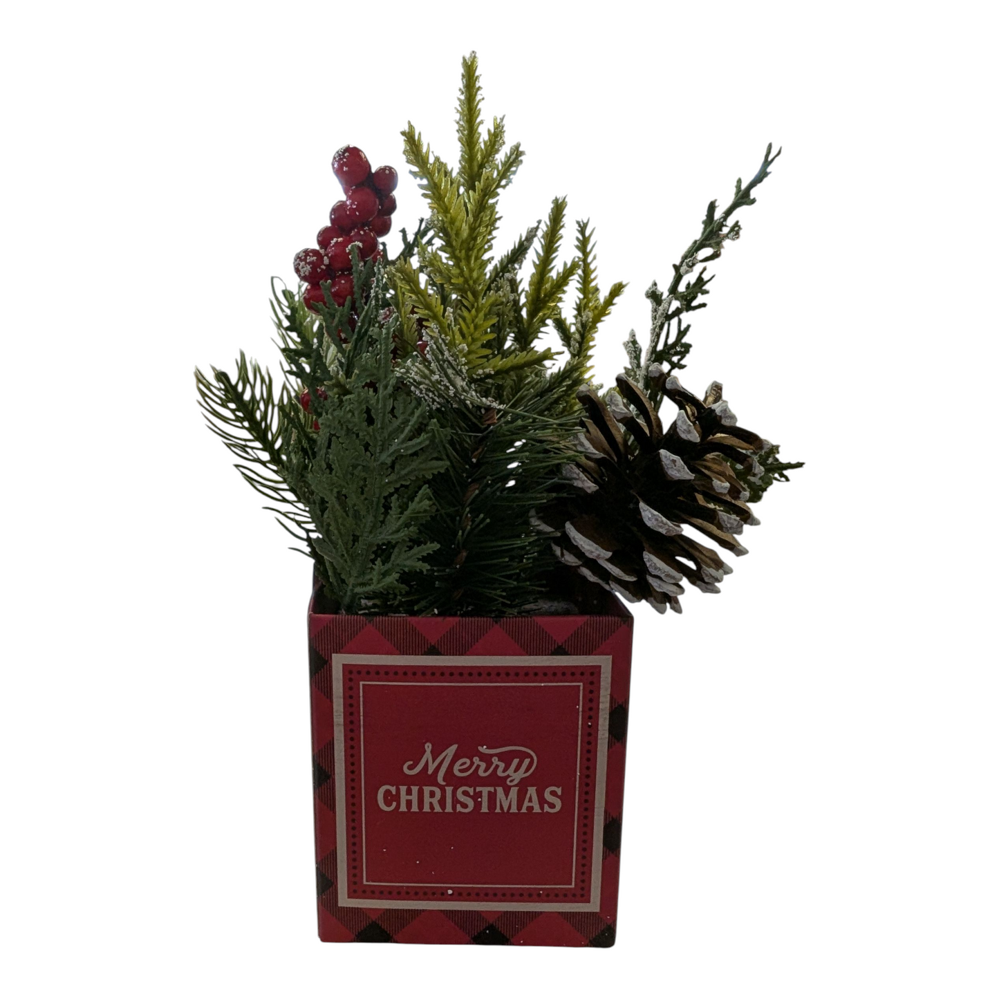8" Faux Holiday Pine & Pinecone Arrangement in Holiday Box