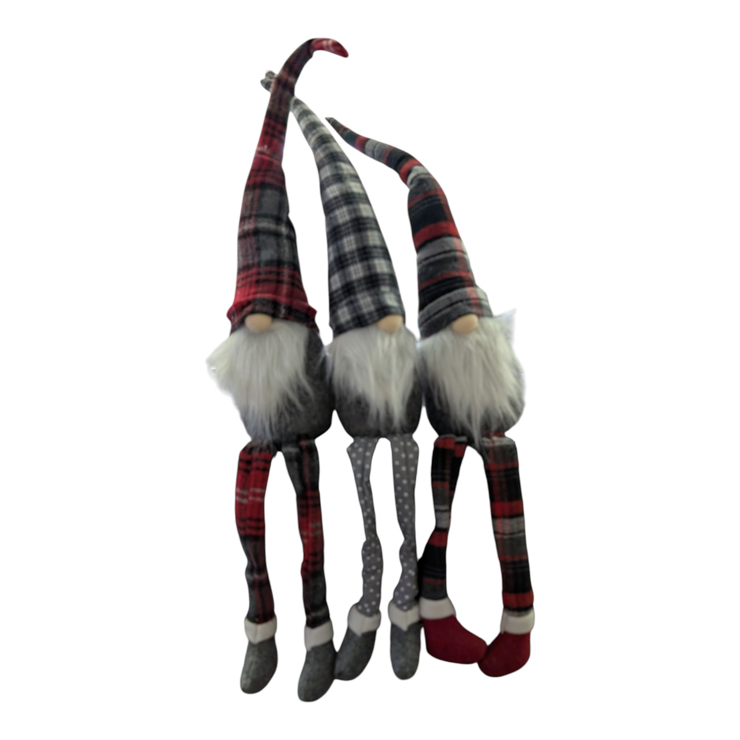 Fabric Holiday Plaid Shelf Sitter Gnomes – 25.9” with Dangle Legs
