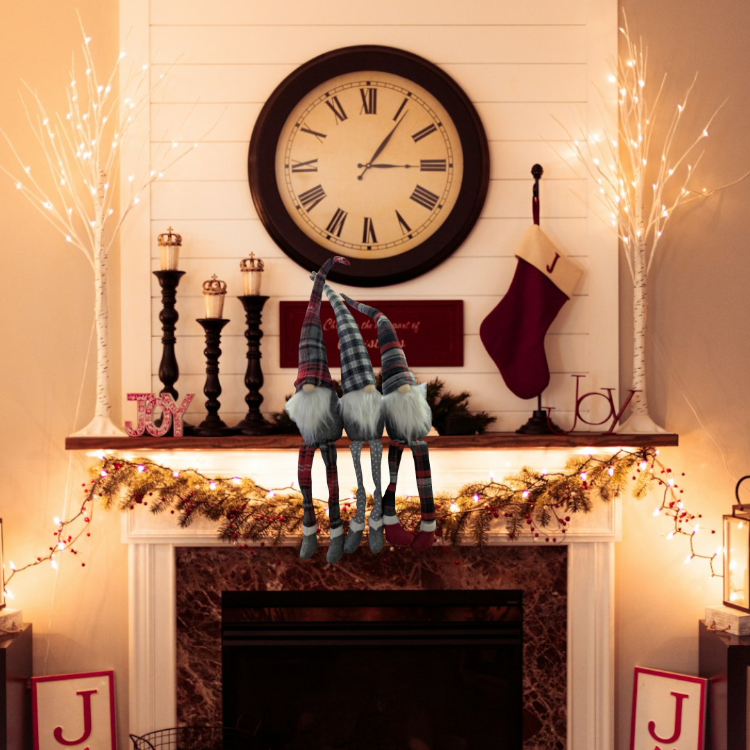 Fabric Holiday Plaid Shelf Sitter Gnomes – 25.9” with Dangle Legs