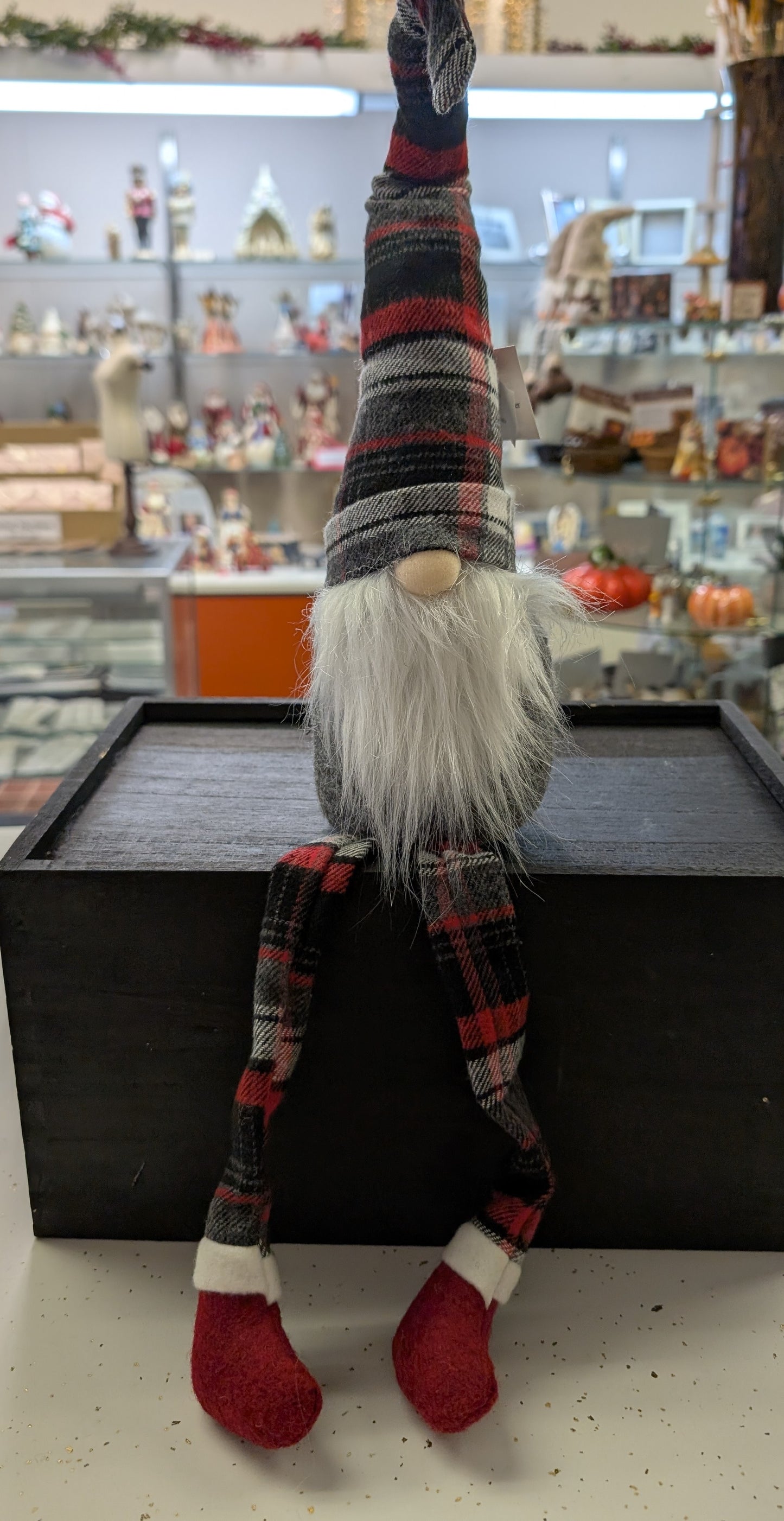 Fabric Holiday Plaid Shelf Sitter Gnomes – 25.9” with Dangle Legs
