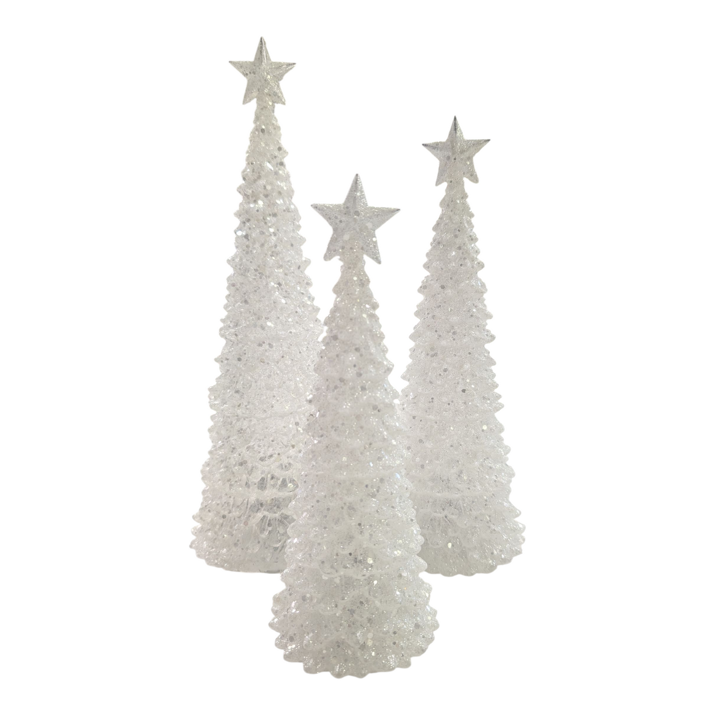 Set of 3 Lighted Christmas Trees – White & Silver Glitter with Color-Changing Lights