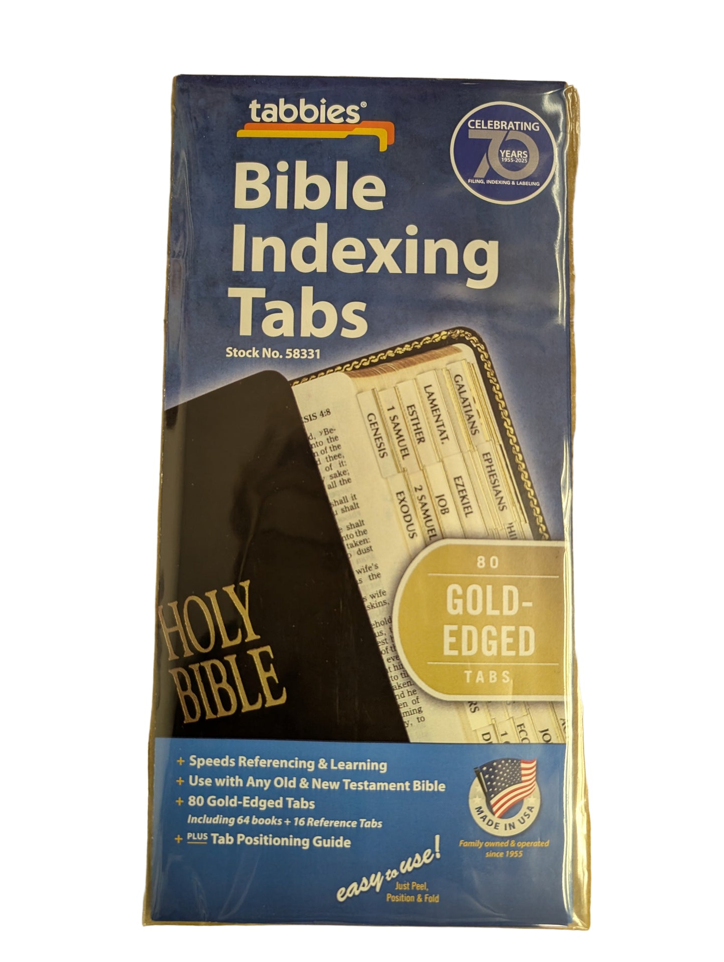 Packaging of Tabbies Bible Indexing Tabs on a cardboard background