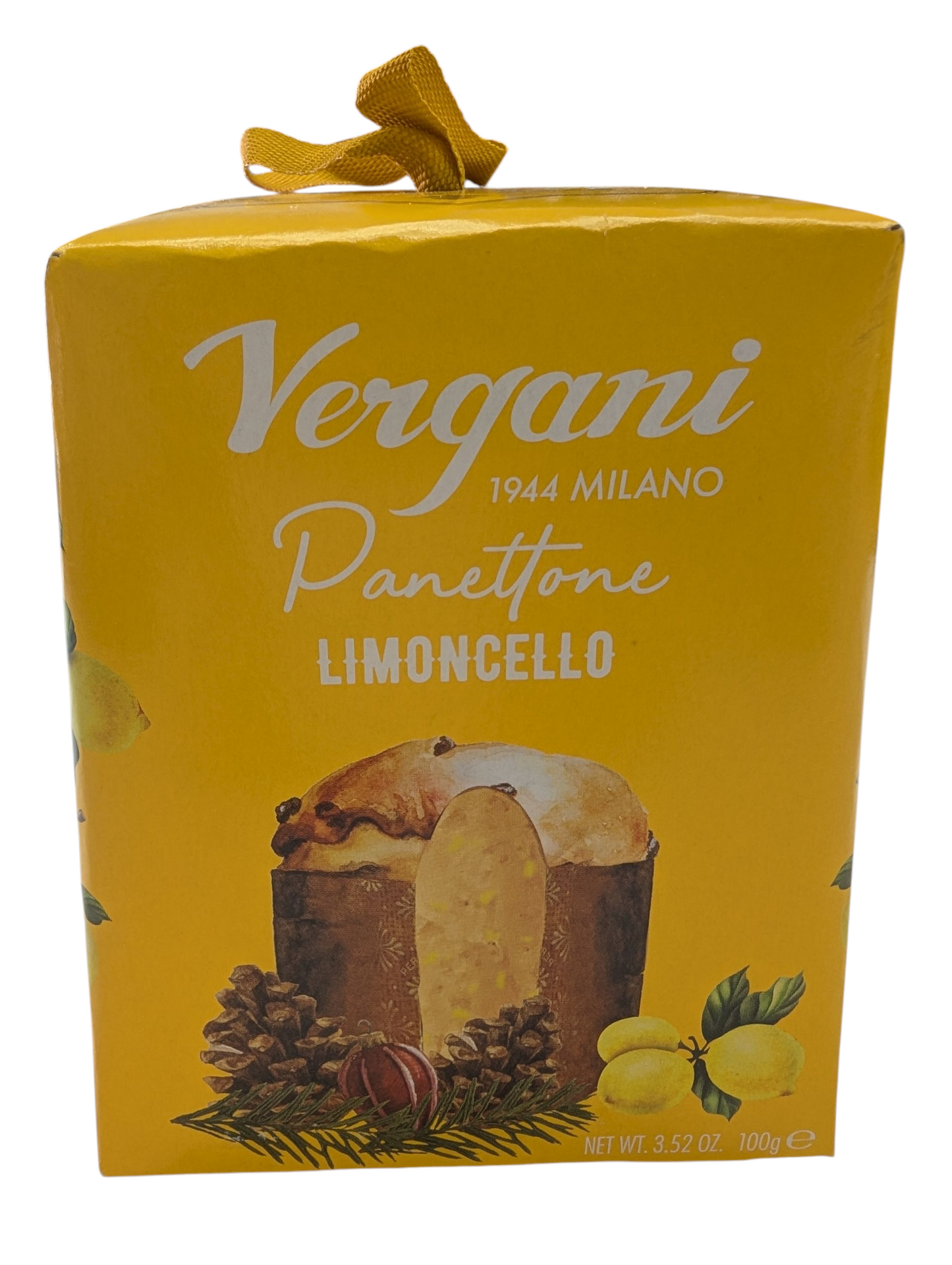 Yellow box of Vergani Panettone Limoncello on a white background
