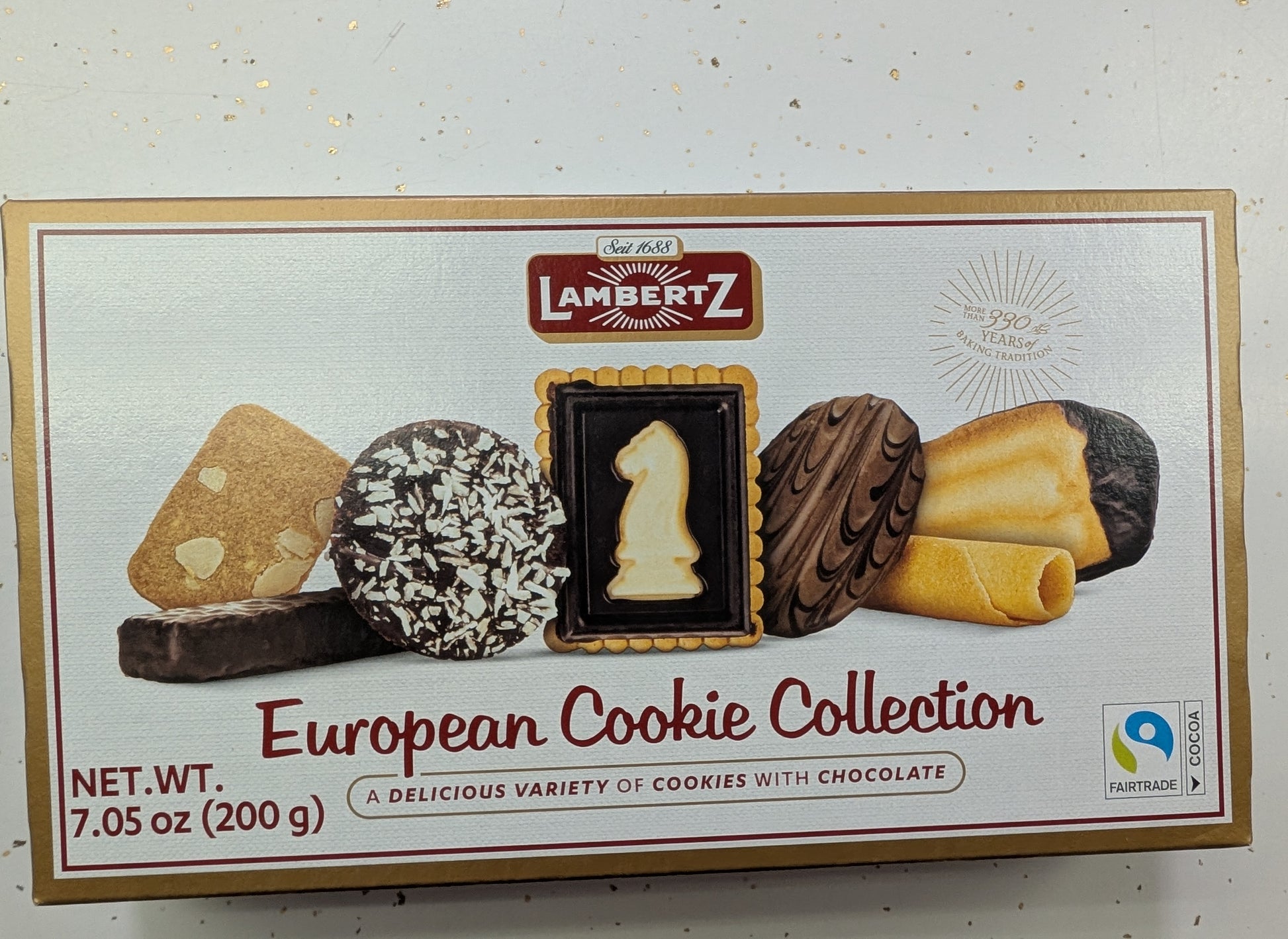 Box of Lambert Z European Cookie Collection on a white background