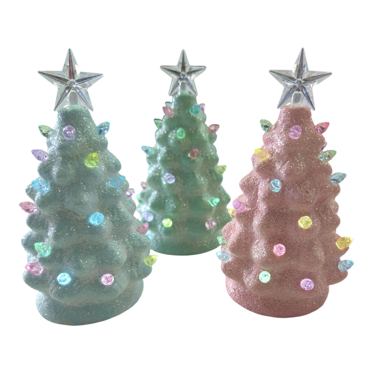 Pastel Lighted Ceramic Christmas Tree – 8" Battery Operated with timer (Pink, Mint Green, Lt. Blue)