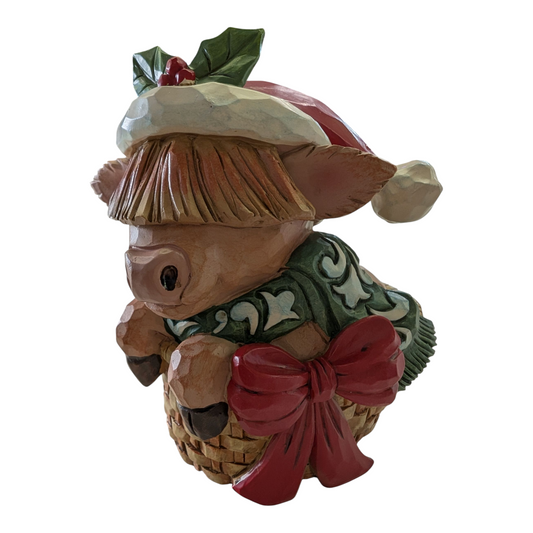 Jim Shore Mini Highland Cow in Basket – Holiday Figurine