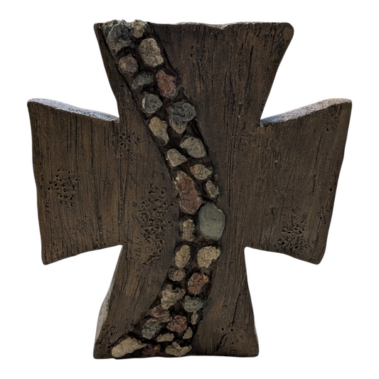 Standing Brown Resin Wood-Look Cross with Stone Accents
