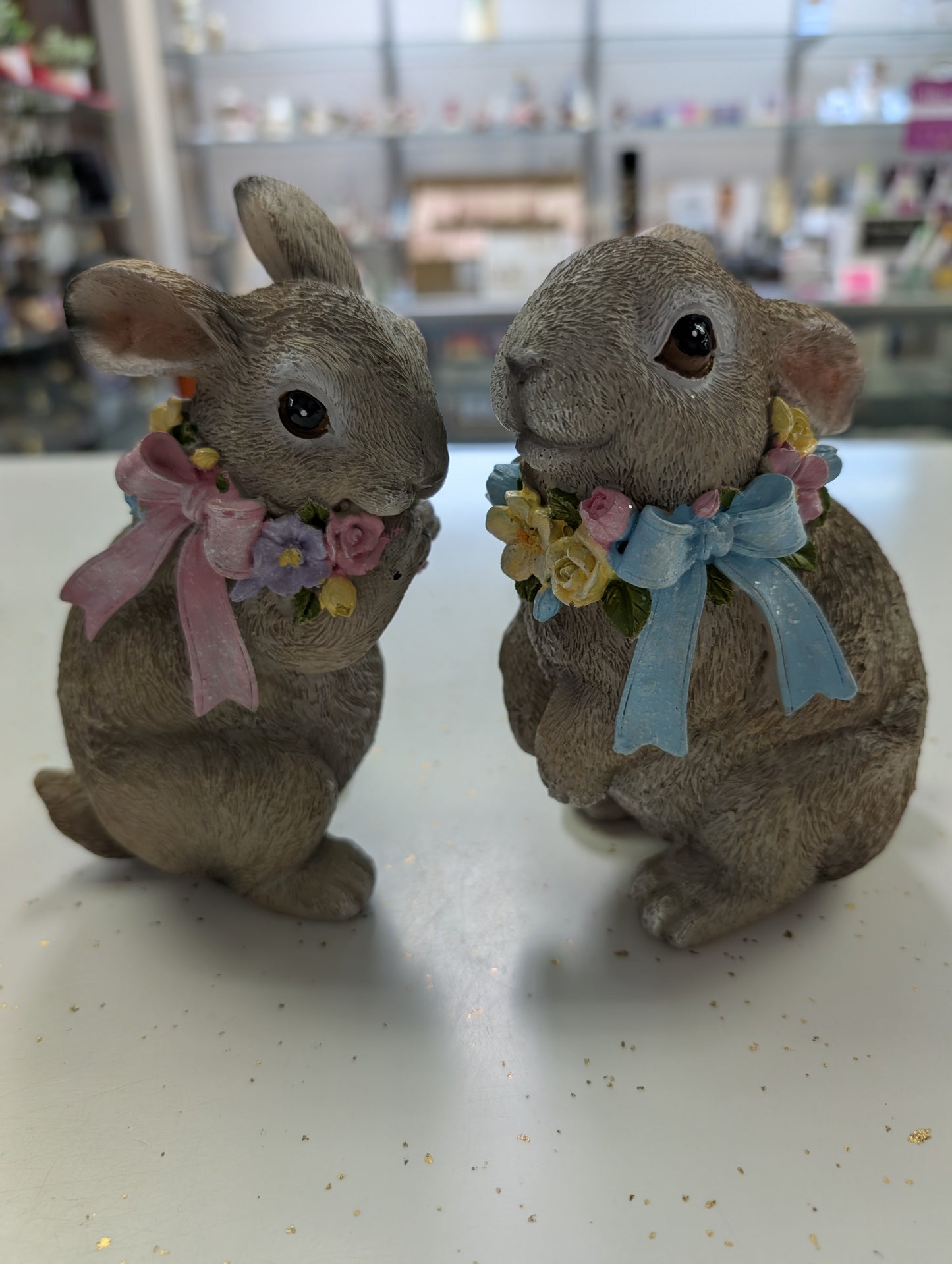Adorable Resin Bunny with Floral and Big Bow 6.3"