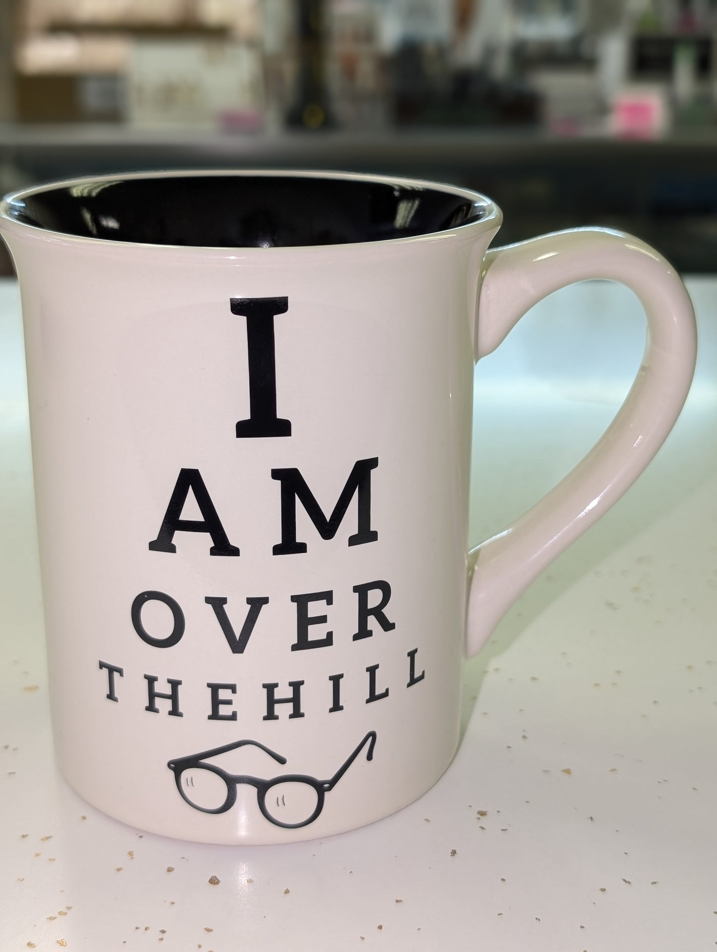 “Over the Hill” Funny Eye Chart Mug — 16 oz