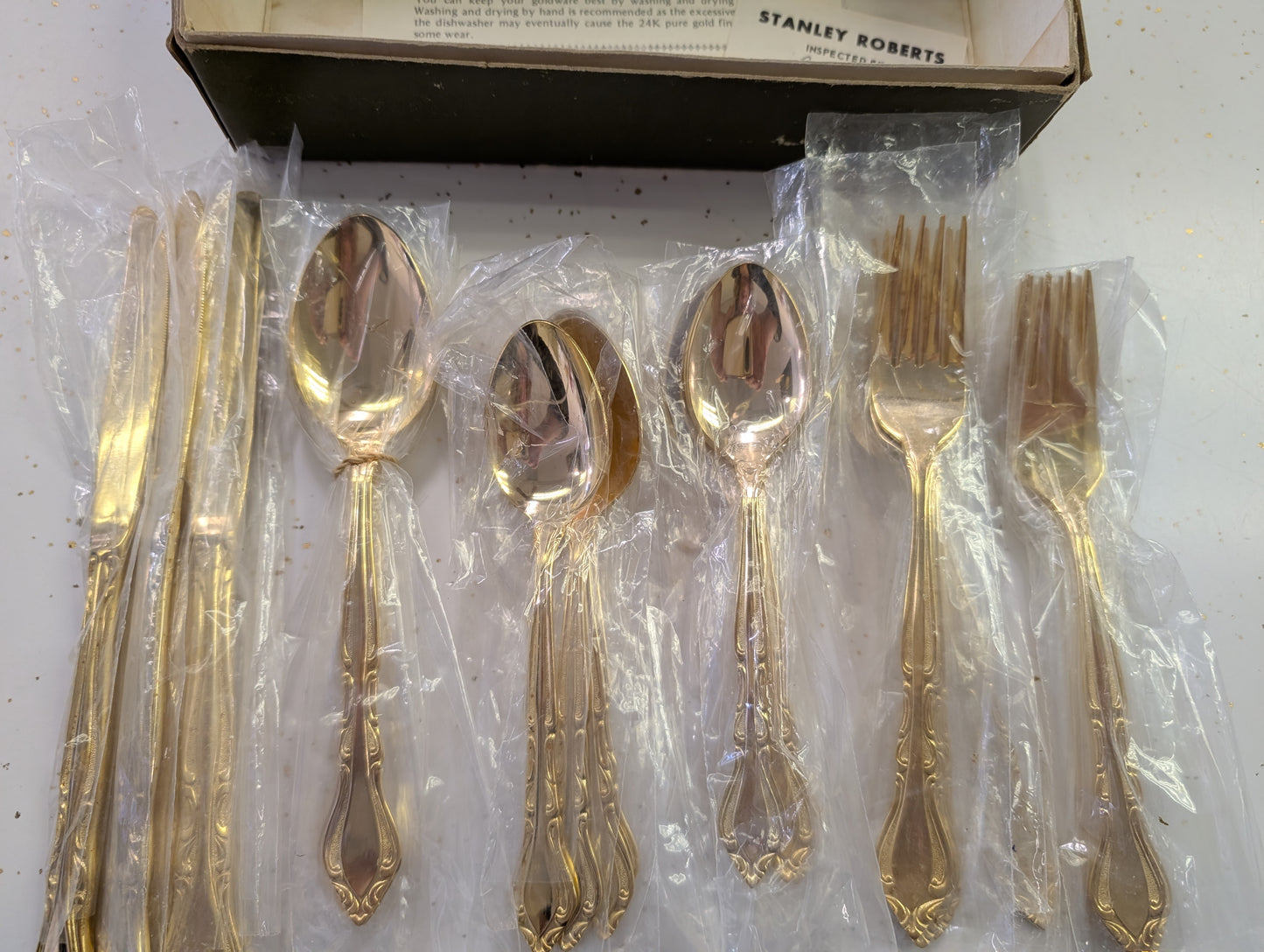 Vintage Stanley Roberts Gold Auberce 24K Gold Flatware Set – 24 Piece Service for 4 – New in Box, Unused, Original Packaging