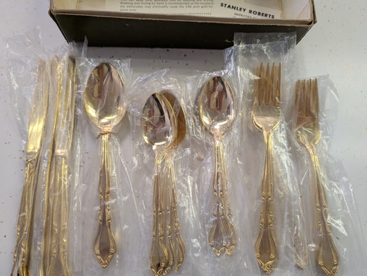 Vintage Stanley Roberts Gold Auberce 24K Gold Flatware Set – 24 Piece Service for 4 – New in Box, Unused, Original Packaging