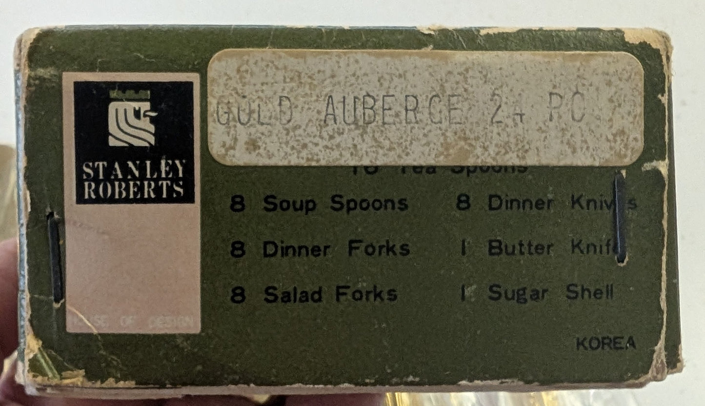 Vintage Stanley Roberts Gold Auberce 24K Gold Flatware Set – 24 Piece Service for 4 – New in Box, Unused, Original Packaging