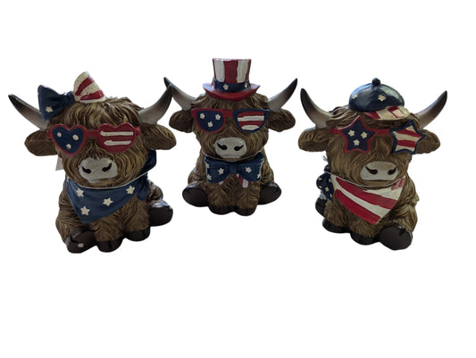 Patriotic Highland Cow Figurine  with Glasses – 3 Assorted Styles