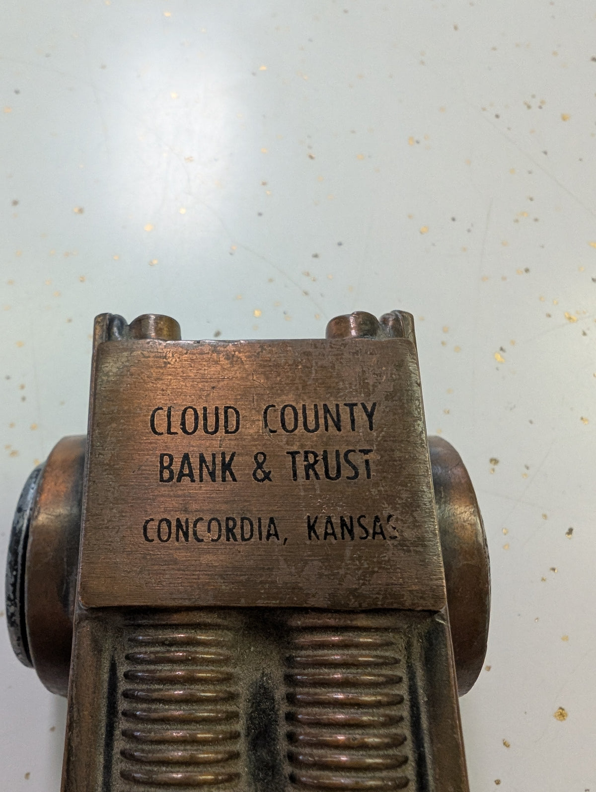 Cloud County Bank & Trust - Banthricon Copper 1924 Ahrens Fox Coin Bank Vintage Advertising