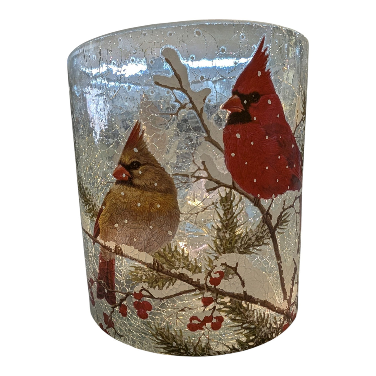 5.1" Lighted Crackle Glass Winter Cardinal Luminary