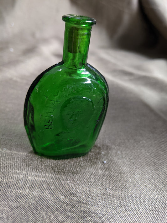 Vintage Benjamin Franklin Green Glass Decanter w/Cork