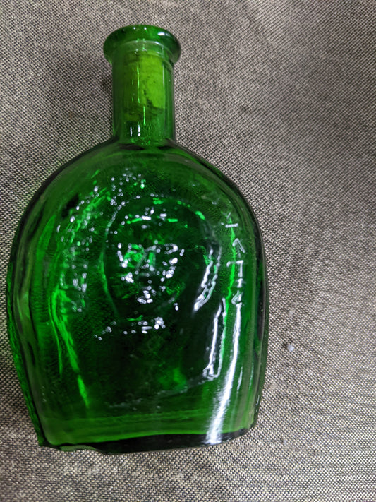 Vintage Benjamin Franklin Green Glass Decanter w/Cork