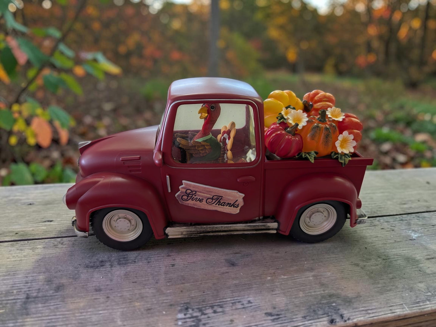 Lighted Spinning Water Globe – Red Harvest Truck with Turkey