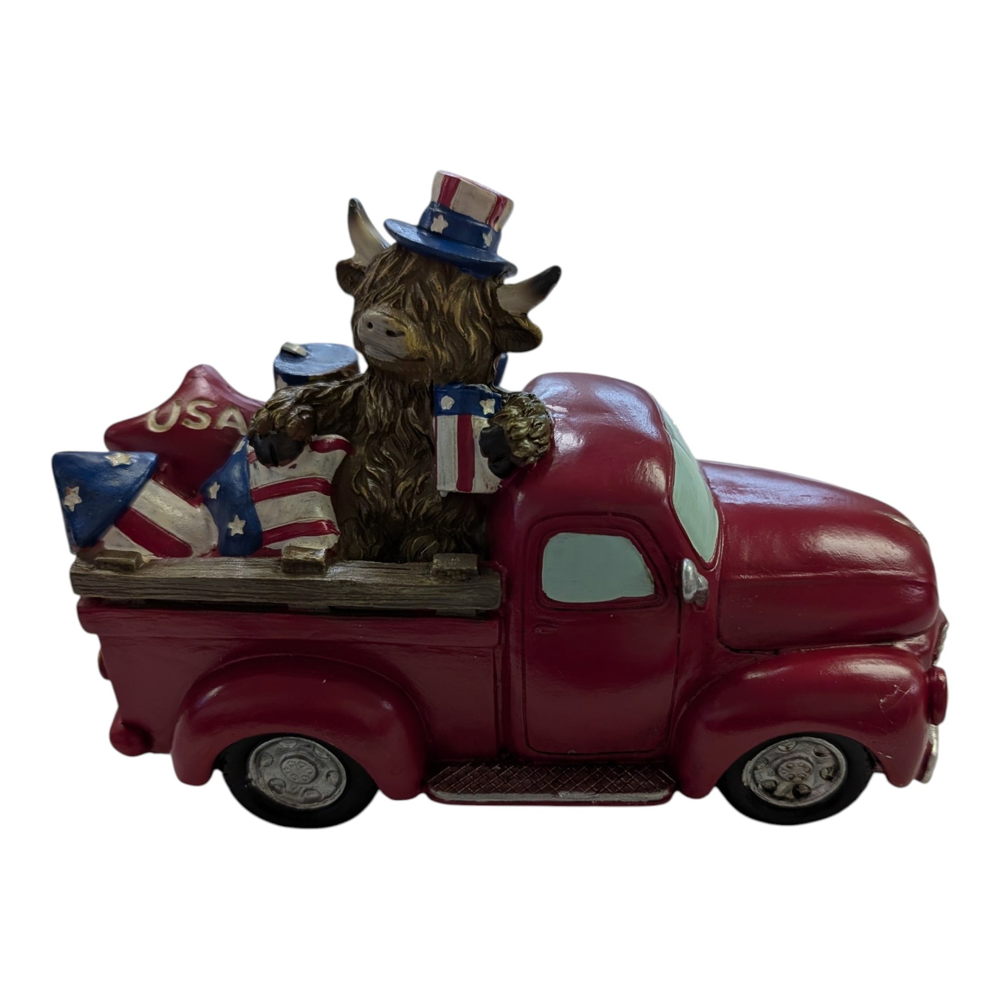 Patriotic Red Truck with Highland Cow