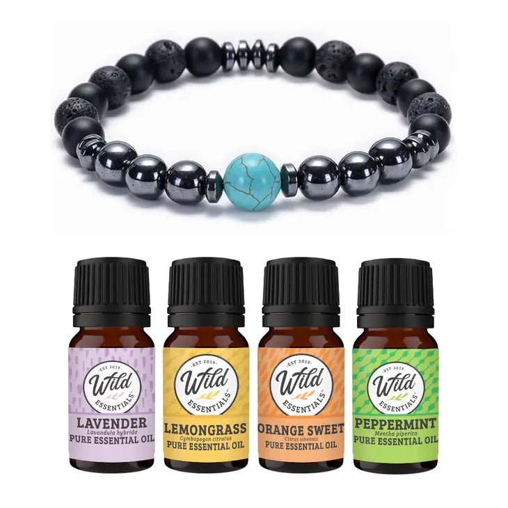 Turquoise Hematite Lava Stone Aromatherapy Bracelet Set with 4 oils