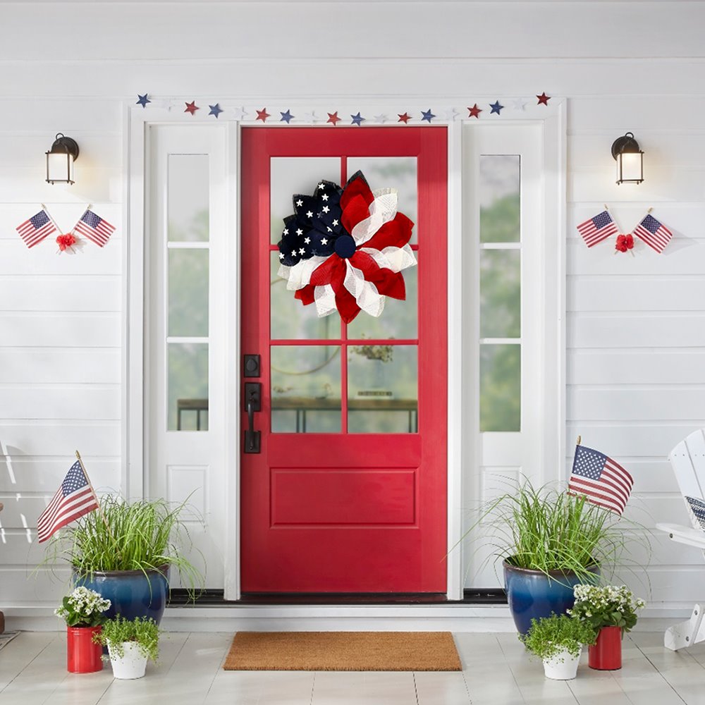 (Pre-Order) Rustic Burlap Patriotic 22" Wreath, American Flag Style 4th of July Front Door Home Decor