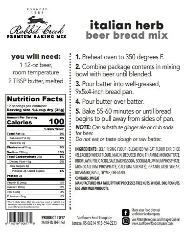 Rabbit Creek Italian Herb Beer Bread