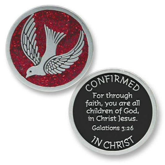 Confirmation Pocket Token – Dove & Blessing (Red Glitter Accent)