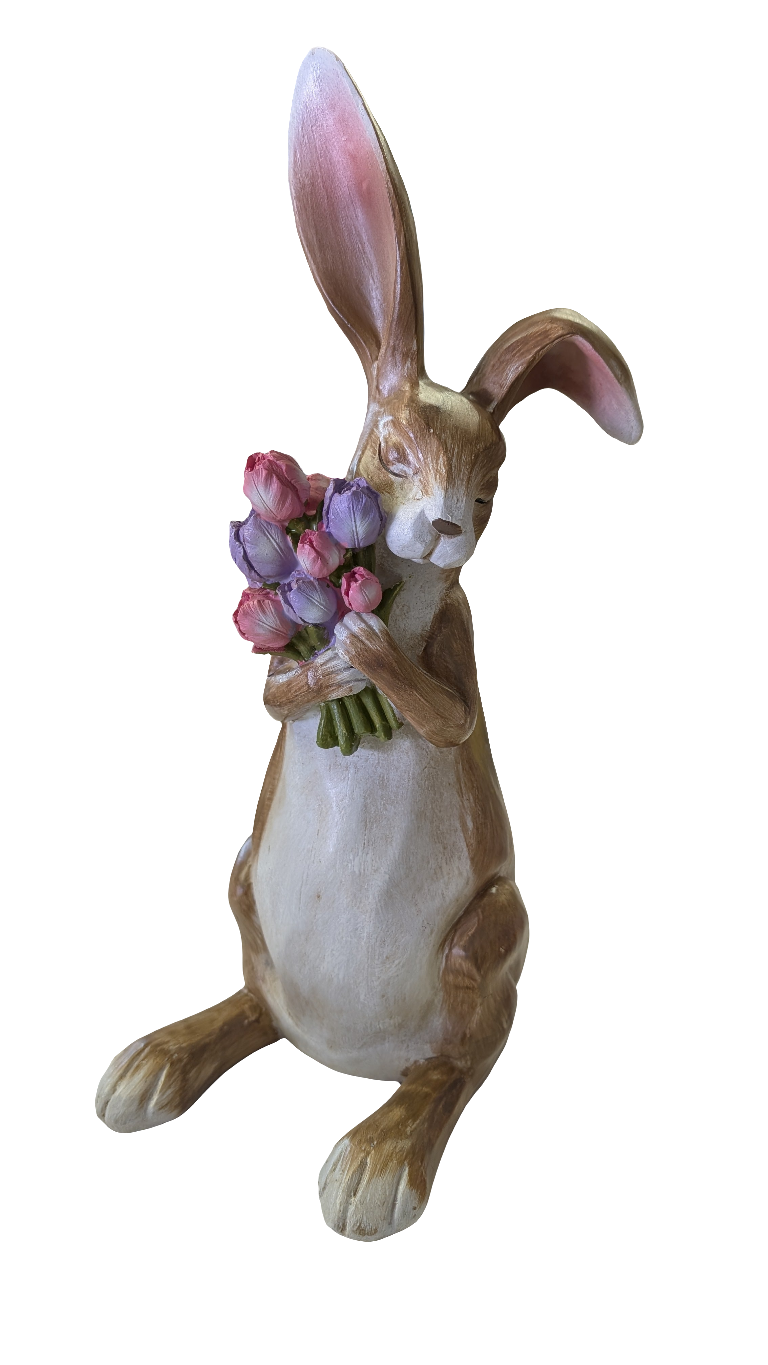 16" Resin Bunny holding Floral Bouquet