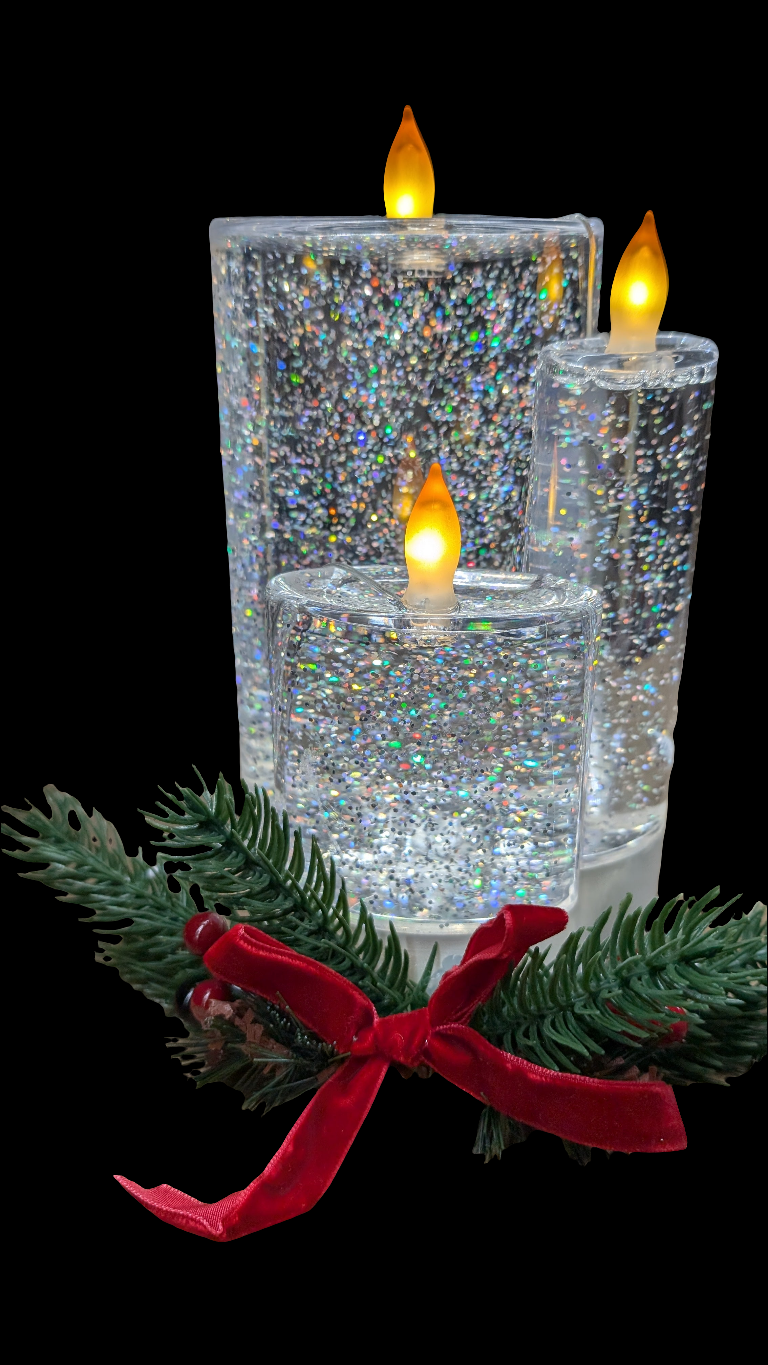 8"H LED Lighted Spinning Water Globe Candle Trio w/Pine Accent