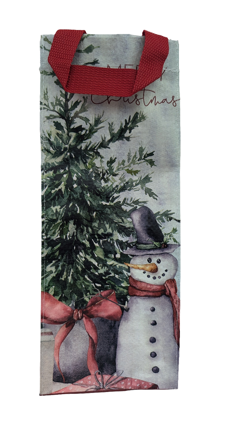 A wine tote bag with a Christmas theme, featuring a snowman and a Christmas tree with the phrase 'Merry Christmas' written on it.