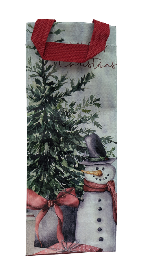 A wine tote bag with a Christmas theme, featuring a snowman and a Christmas tree with the phrase 'Merry Christmas' written on it.
