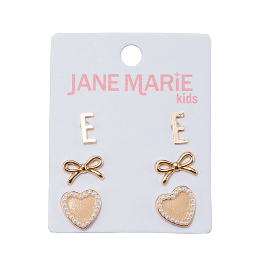 Kids Set of 3 Stud Set, "E", Bow, Heart with Pearls Earring