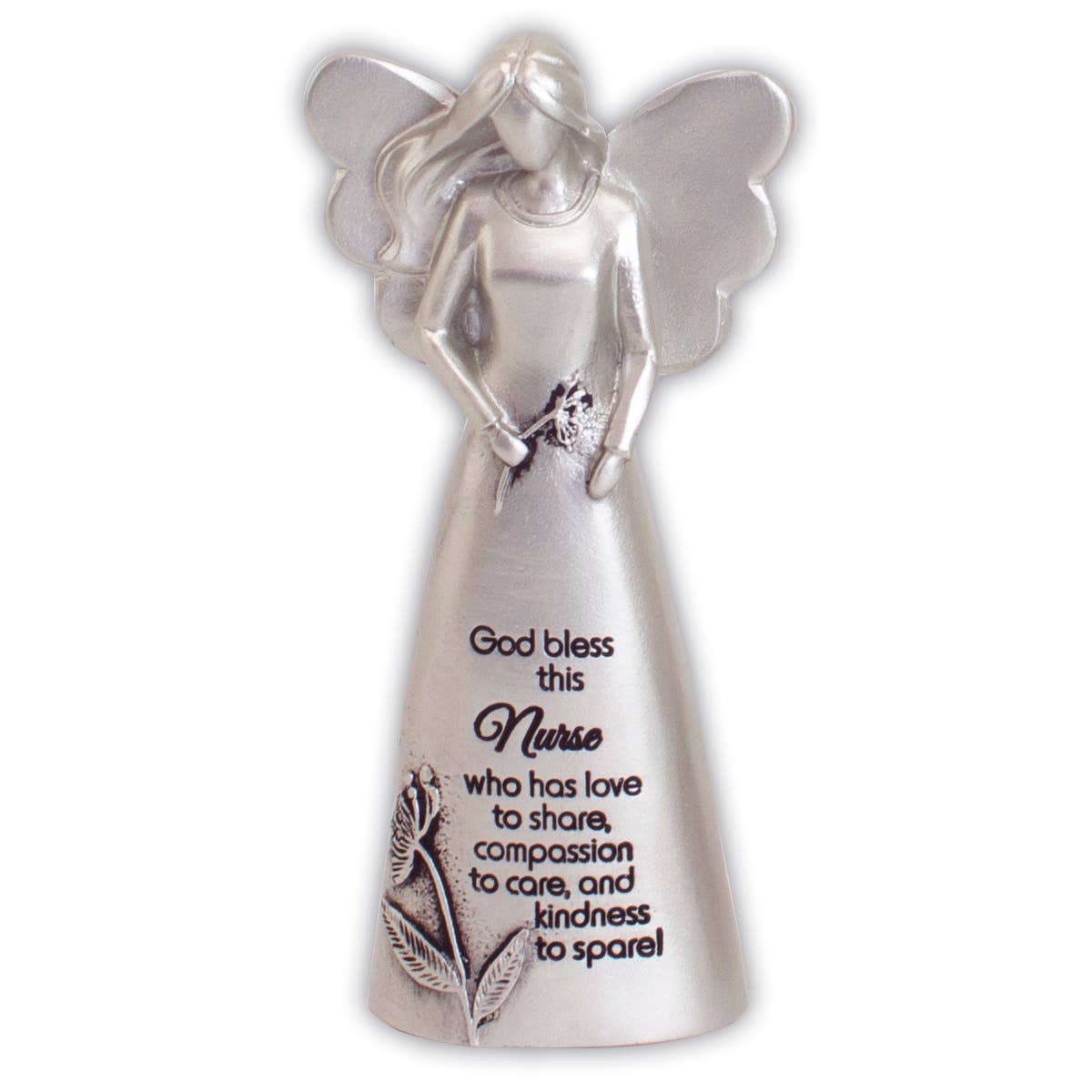 Silver angel figurine God Bless This Nurse engraved text.