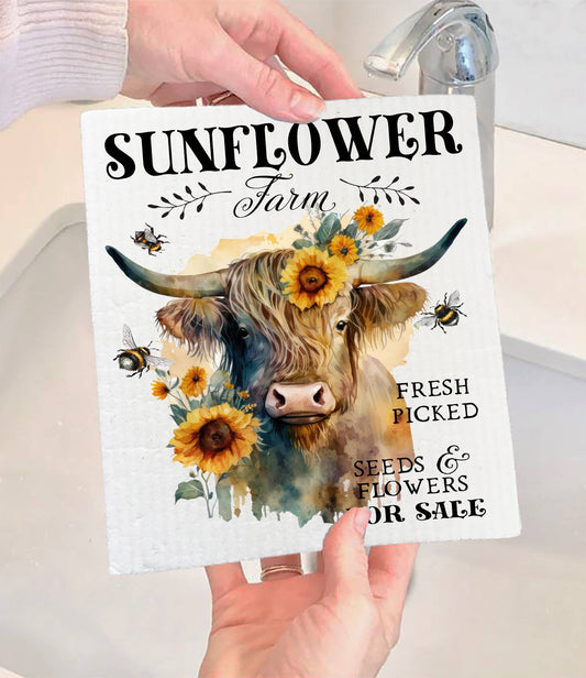 Highland Cow Sunflower Farm SWEDISH Dishcloth