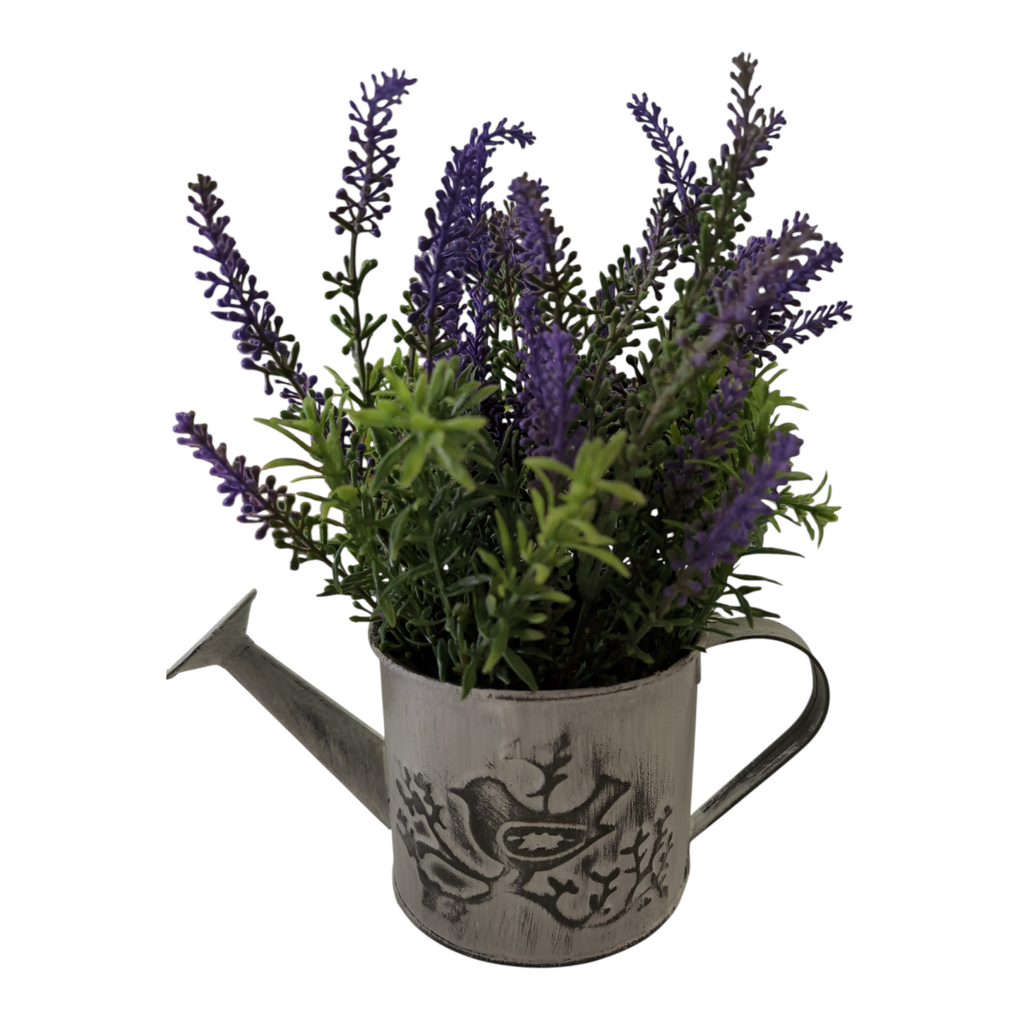 Faux Lavender in Embossed Metal Watering Can — 10.63" H