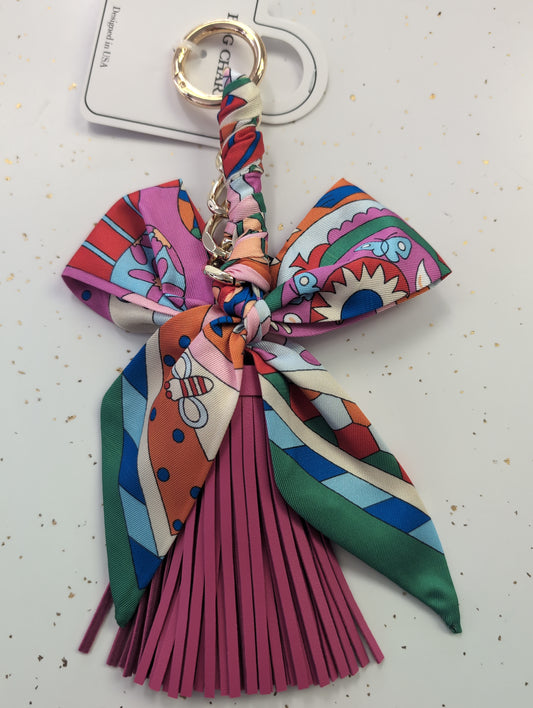 Bright Patterned Bag Charm with Scarf Bow & Tassel