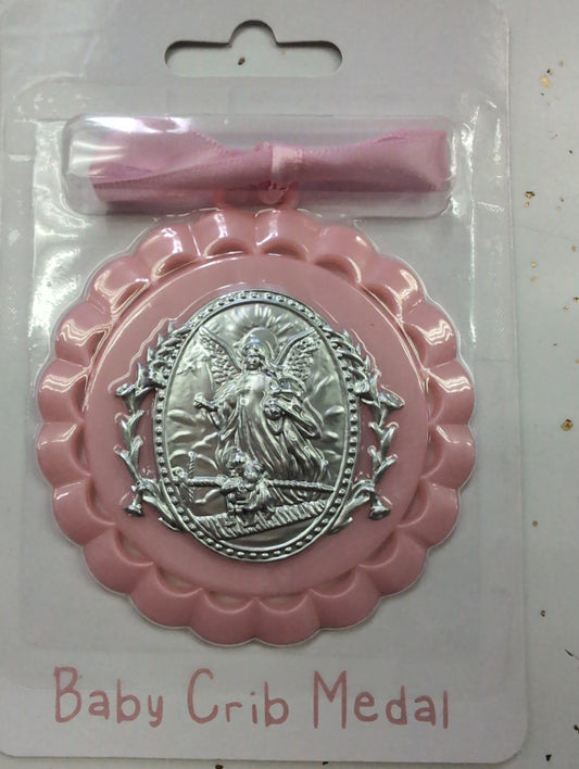 Guardian Angel Crib Medal — Pink with Ribbon (3.25")