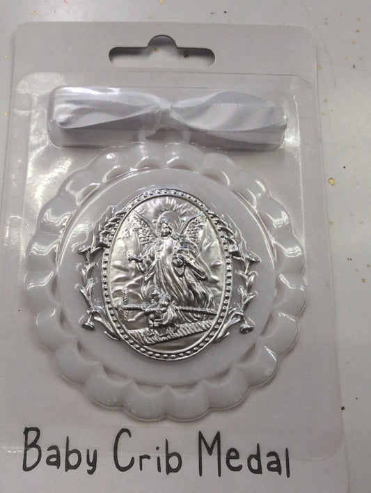 Guardian Angel Crib Medal — White with Ribbon (3.25")