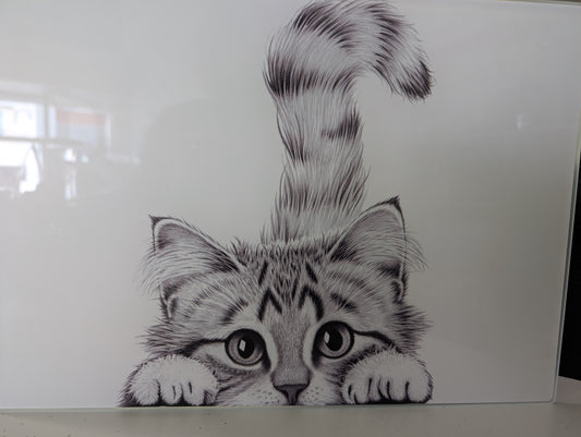 Cat Glass Cutting Board – Black & White Kitten Design