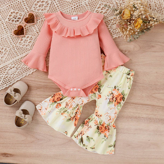 Baby Girl Peach Onesie and Floral Pant Set
