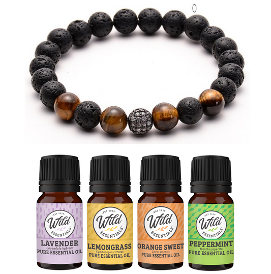 Tiger Eye Lava Stone Aromatherapy Bracelet Set with 4 oils